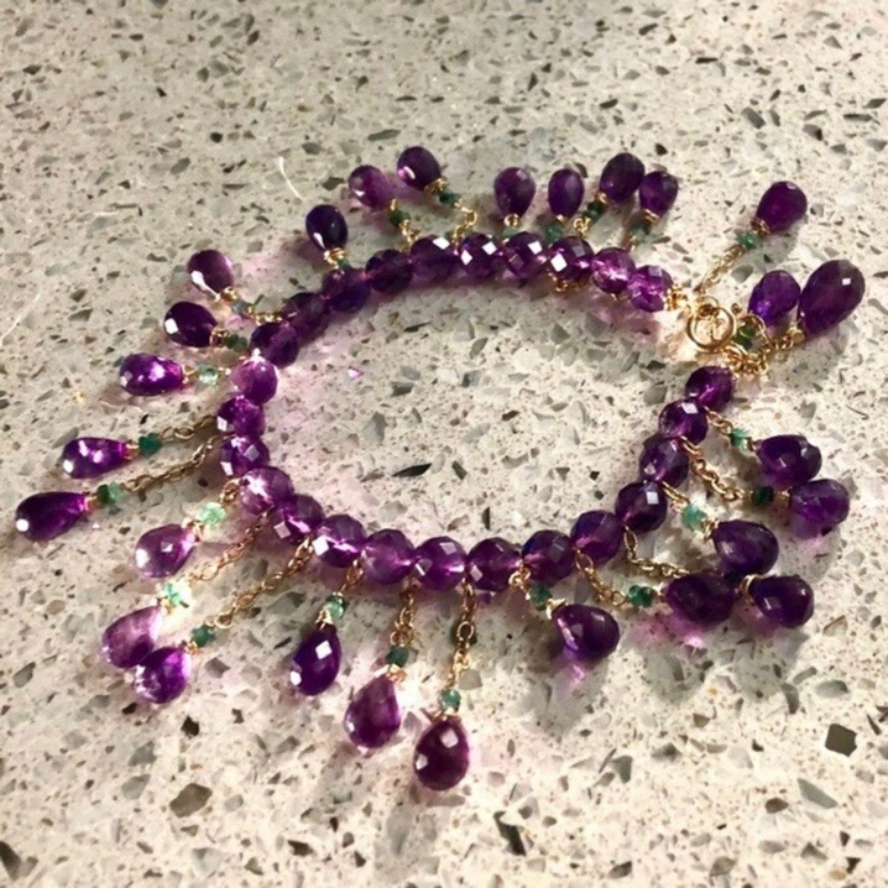 Genuine Natural African Amethyst Brazilian Emerald Gold Filled Charm Bracelet